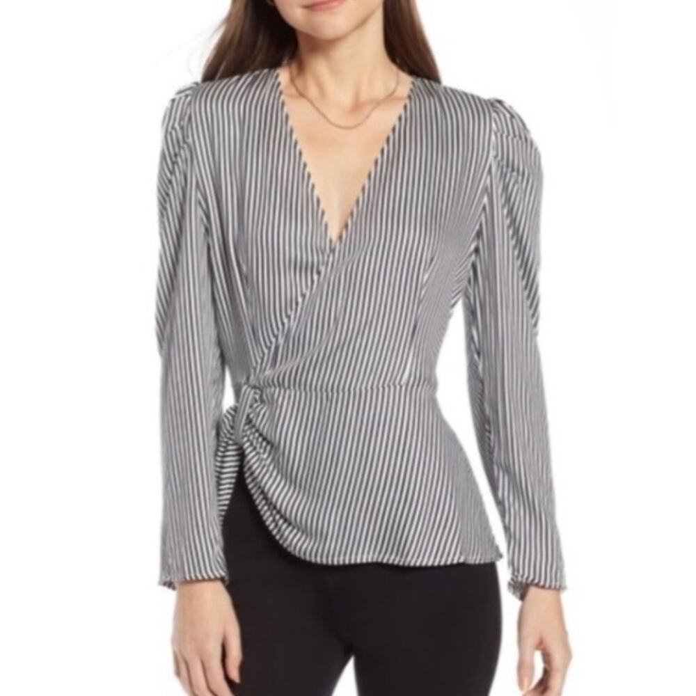 Something Navy Black/White Striped Wrap Blouse NWOT Gorgeous Looks Great on!!